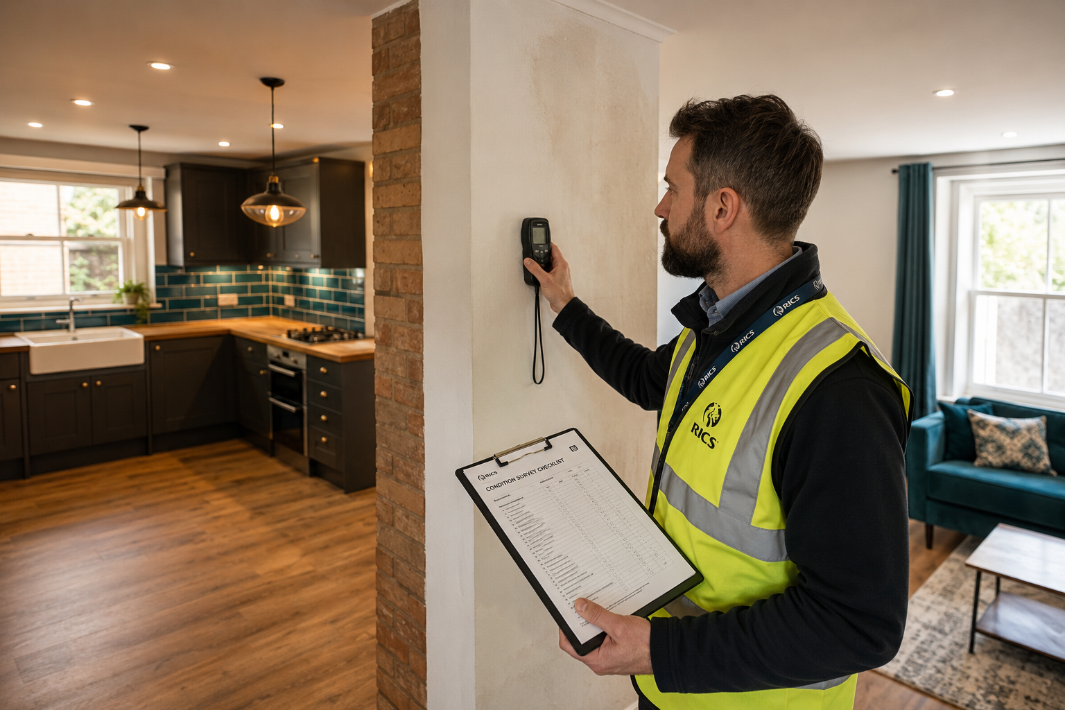 () showing a RICS-accredited chartered surveyor in hi-vis vest conducting a pre-letting property condition inspection inside