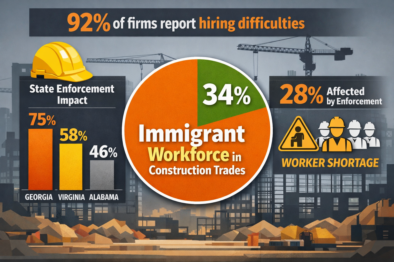 Detailed landscape format (1536x1024) infographic-style image showing construction workforce statistics with bold data visualization. Centra