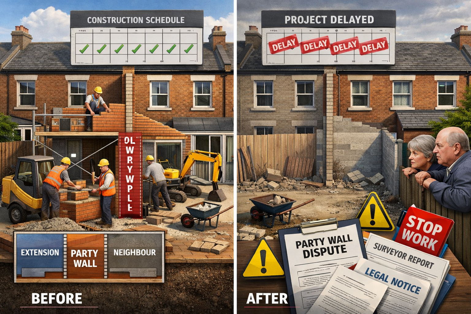 Detailed landscape format (1536x1024) conceptual illustration depicting party wall dispute escalation scenario. Split-screen composition sho