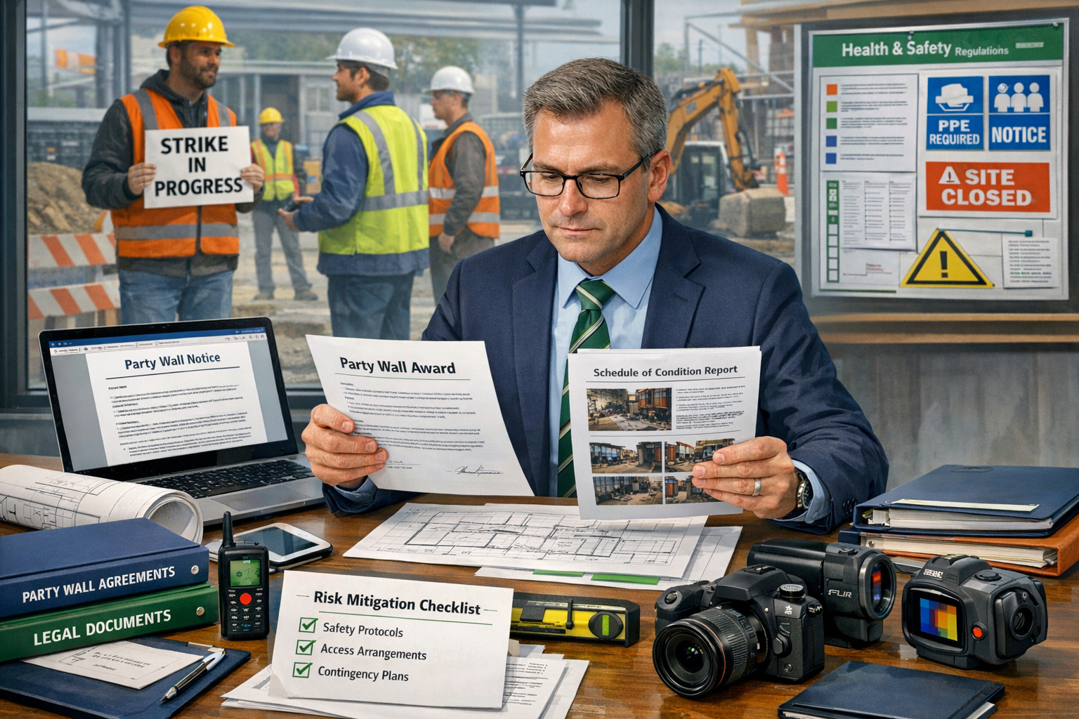 Detailed landscape format (1536x1024) solution-focused image showing party wall surveyor consultation process during workforce disruption er