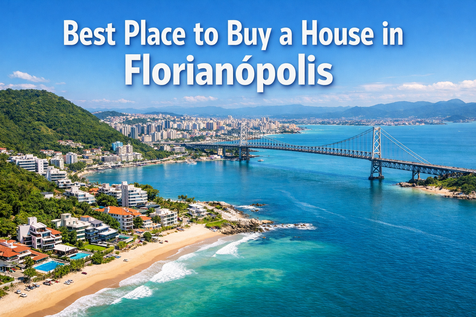 Professional landscape hero image (1536x1024) featuring bold text overlay 'Best Place to Buy a House in Florianópolis' in extra large 72pt w