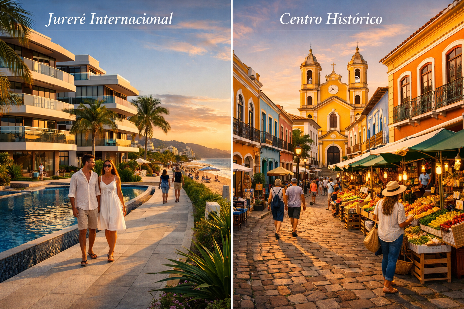 Detailed editorial landscape image (1536x1024) showing a split-screen comparison of Florianópolis neighborhoods: left side displays the upsc