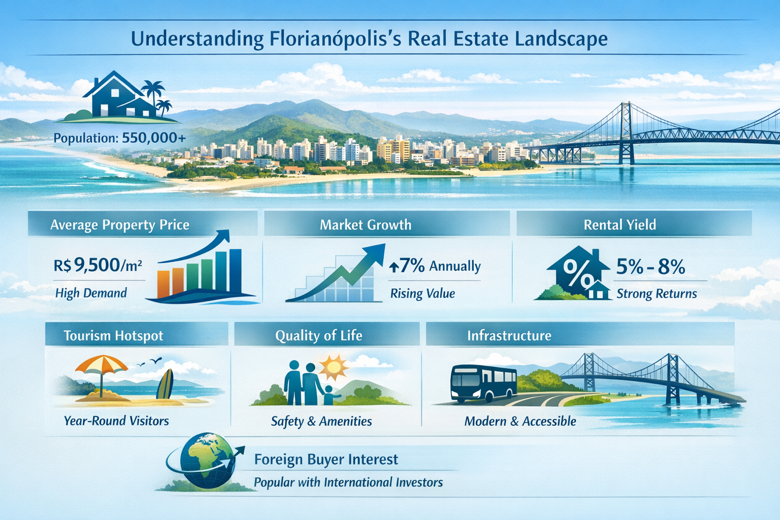 Professional landscape infographic (1536x1024) for article "Best Place to Buy a House in Florianópolis: Your Complete 2025 Investment Guide"