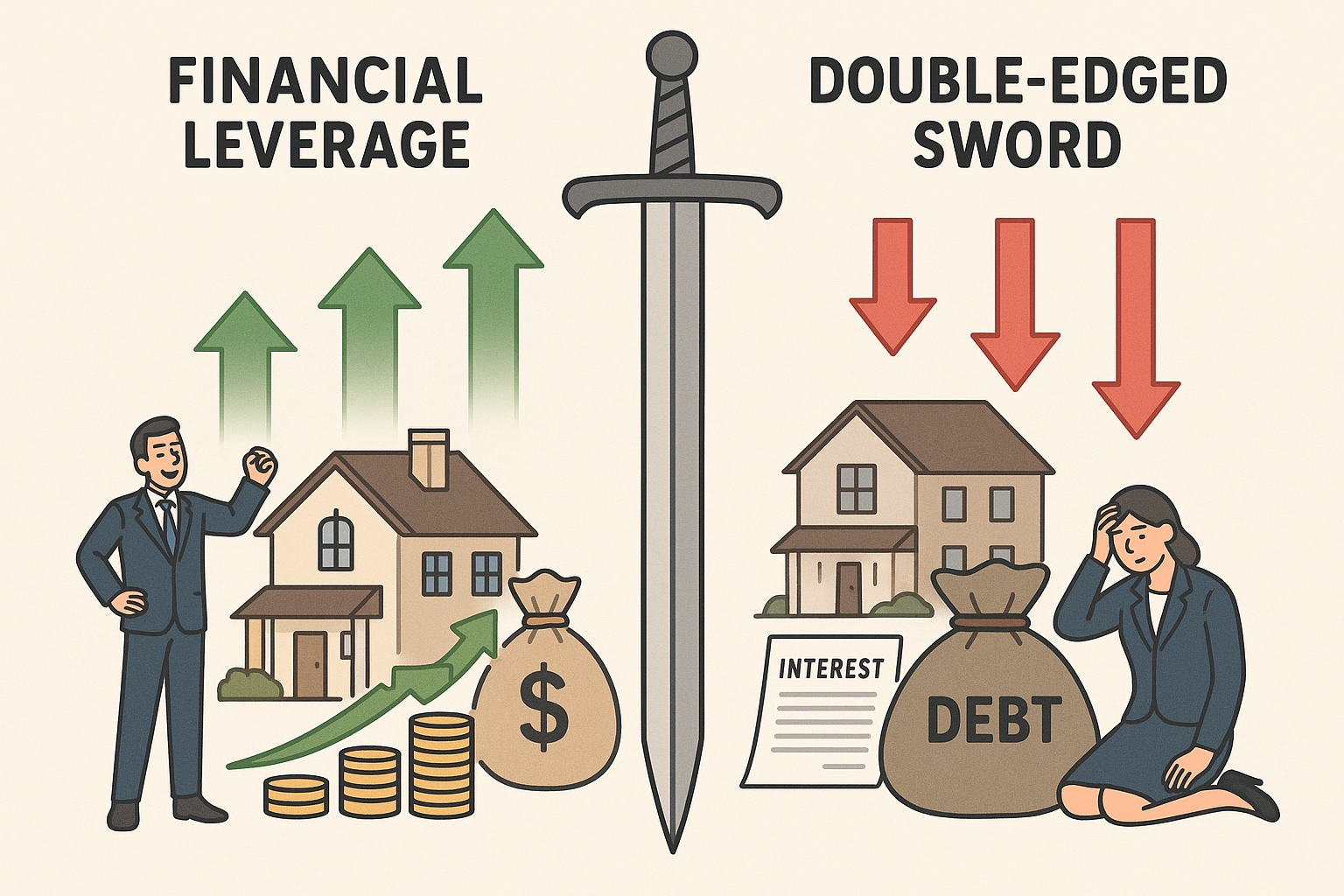 Split-screen comparison illustration showing financial leverage as double-edged sword, left side depicting positive scenario with upward gre