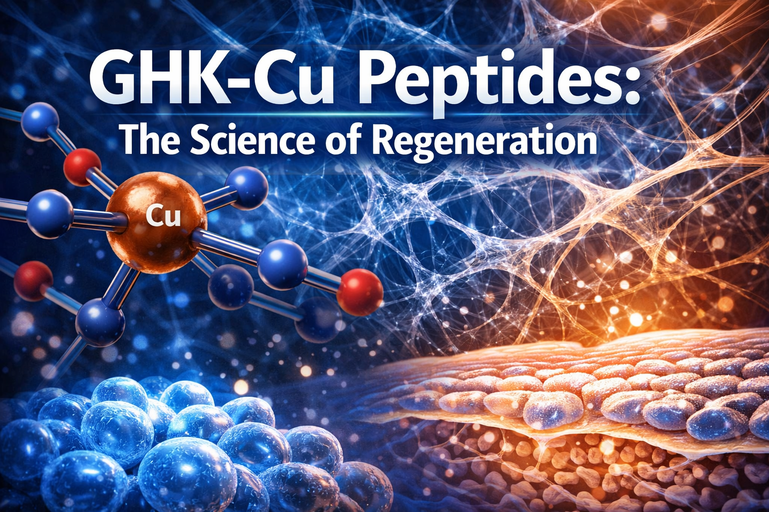 Professional landscape hero image (1536x1024) featuring bold text overlay 'GHK-Cu Peptides: The Science of Regeneration' in extra large 72pt