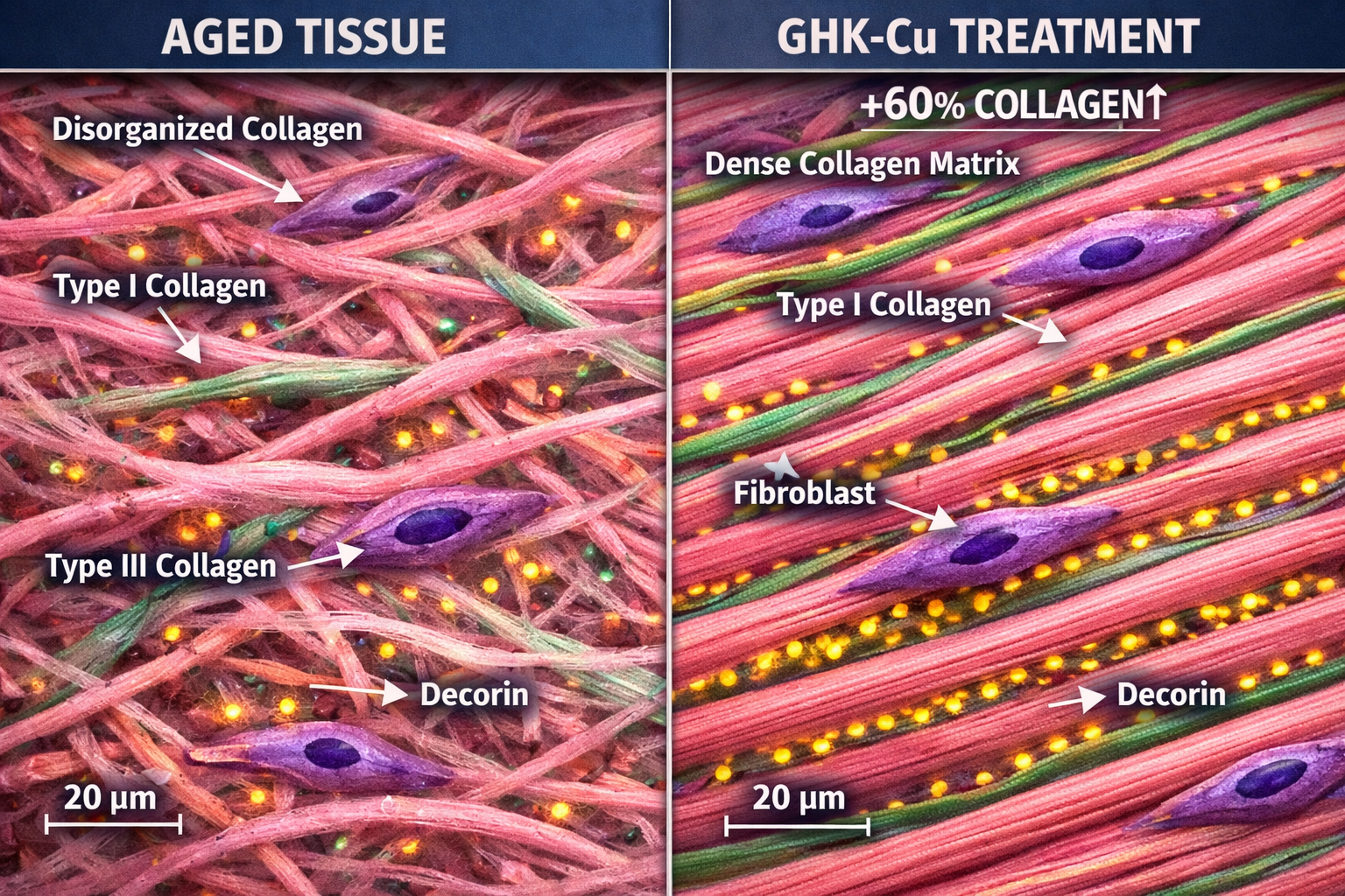 Split-screen comparison image showing collagen fiber organization: left side displays disorganized collagen fibers in aged tissue, right sid