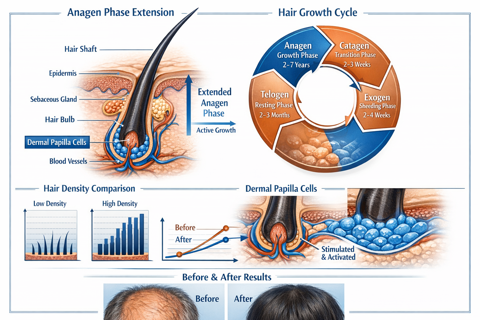 Hair follicle cross-section diagram showing anagen phase extension, hair growth cycle wheel with phases labeled, density comparison charts,