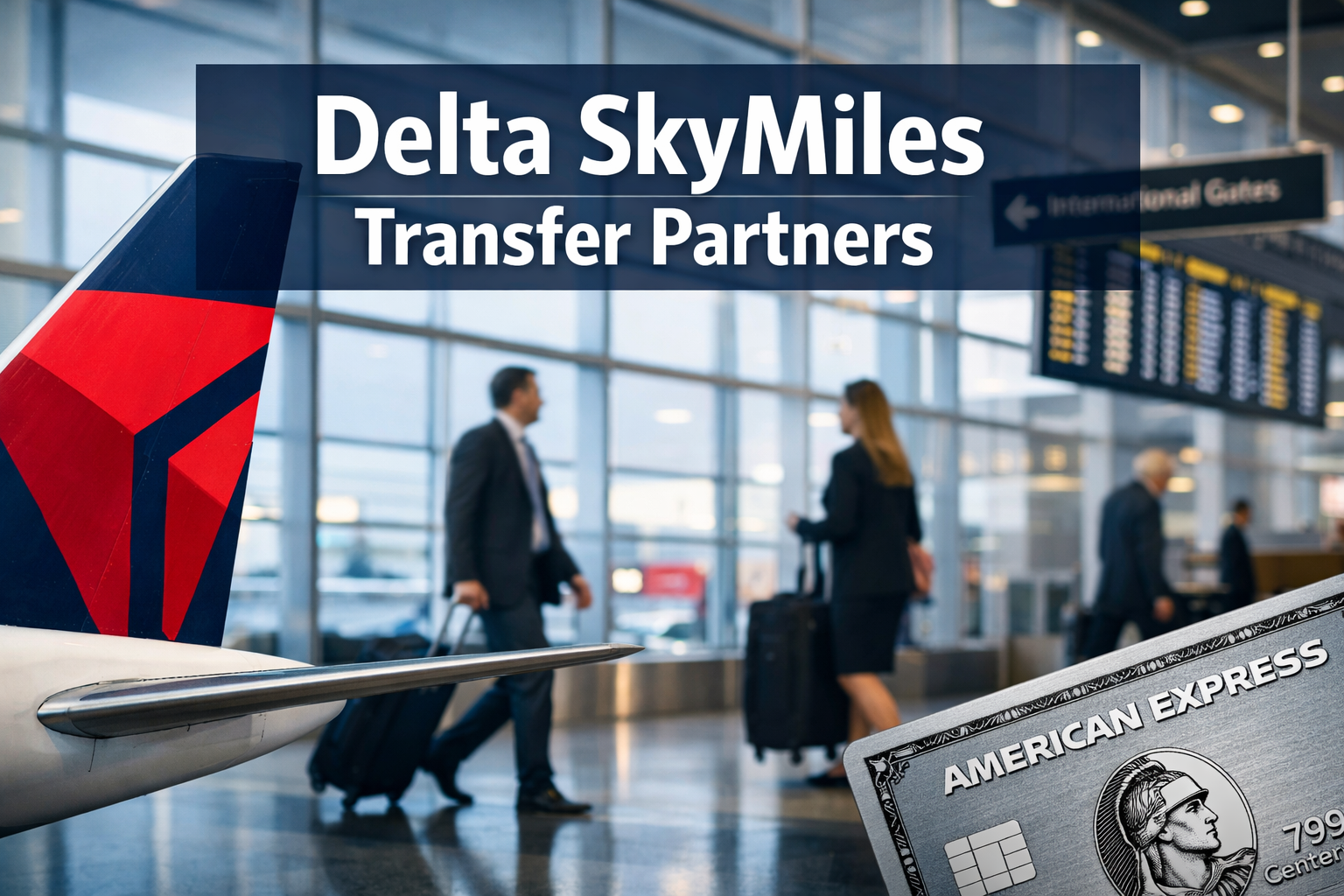 Professional landscape format (1536x1024) hero image featuring bold text overlay 'Delta SkyMiles Transfer Partners' in extra large 72pt whit