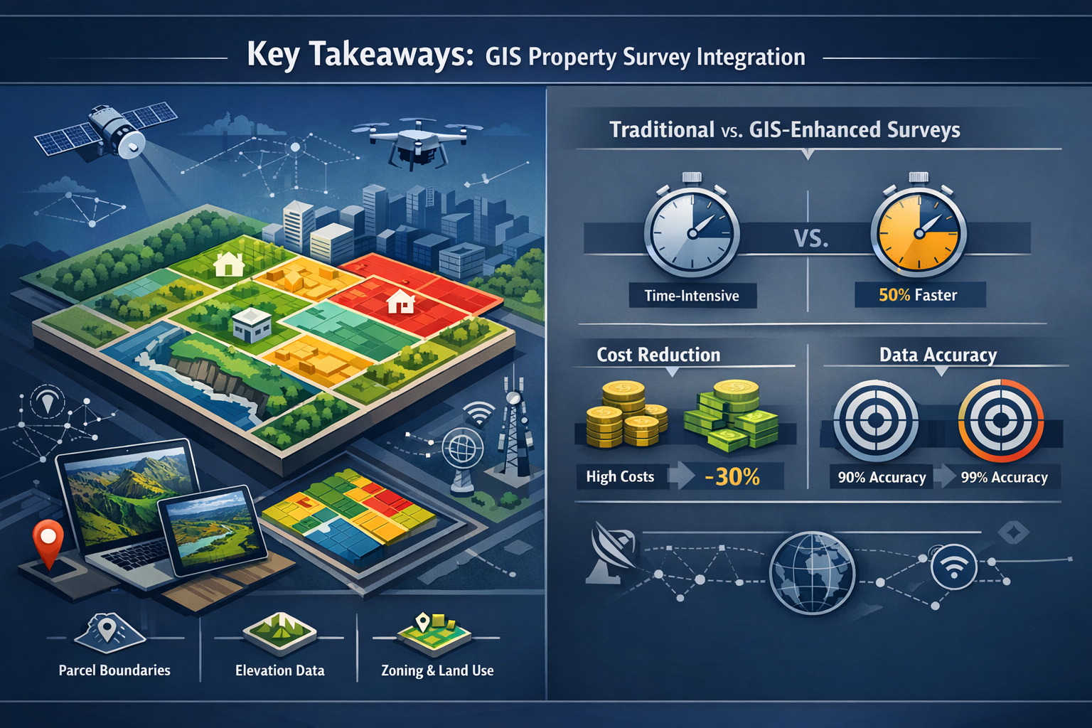 Comprehensive visual dashboard illustrating 'Key Takeaways' for GIS property survey integration, featuring an isometric split-screen layout 