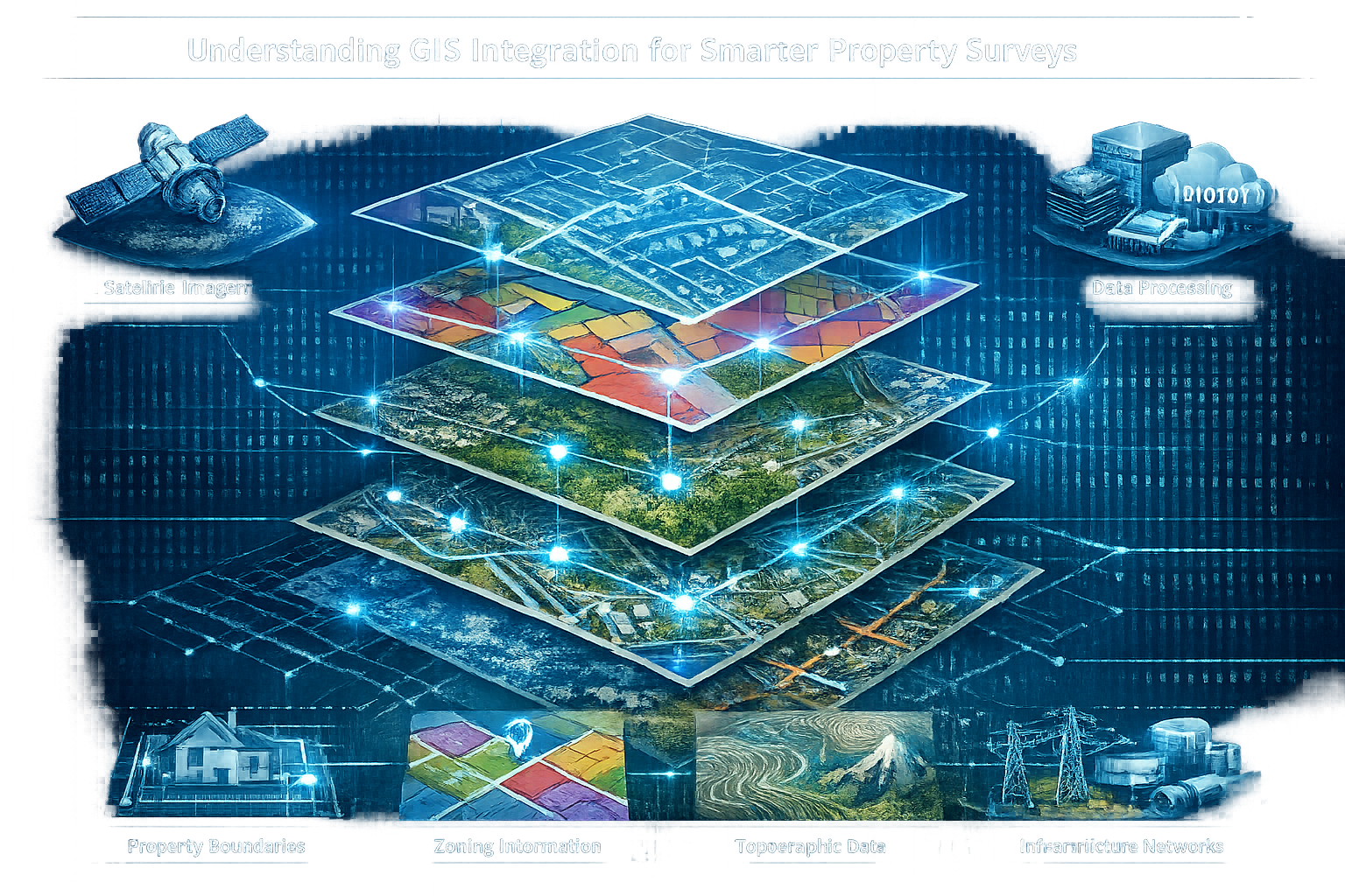 Detailed technical illustration explaining 'Understanding GIS Integration for Smarter Property Surveys', featuring a multi-layered transpare