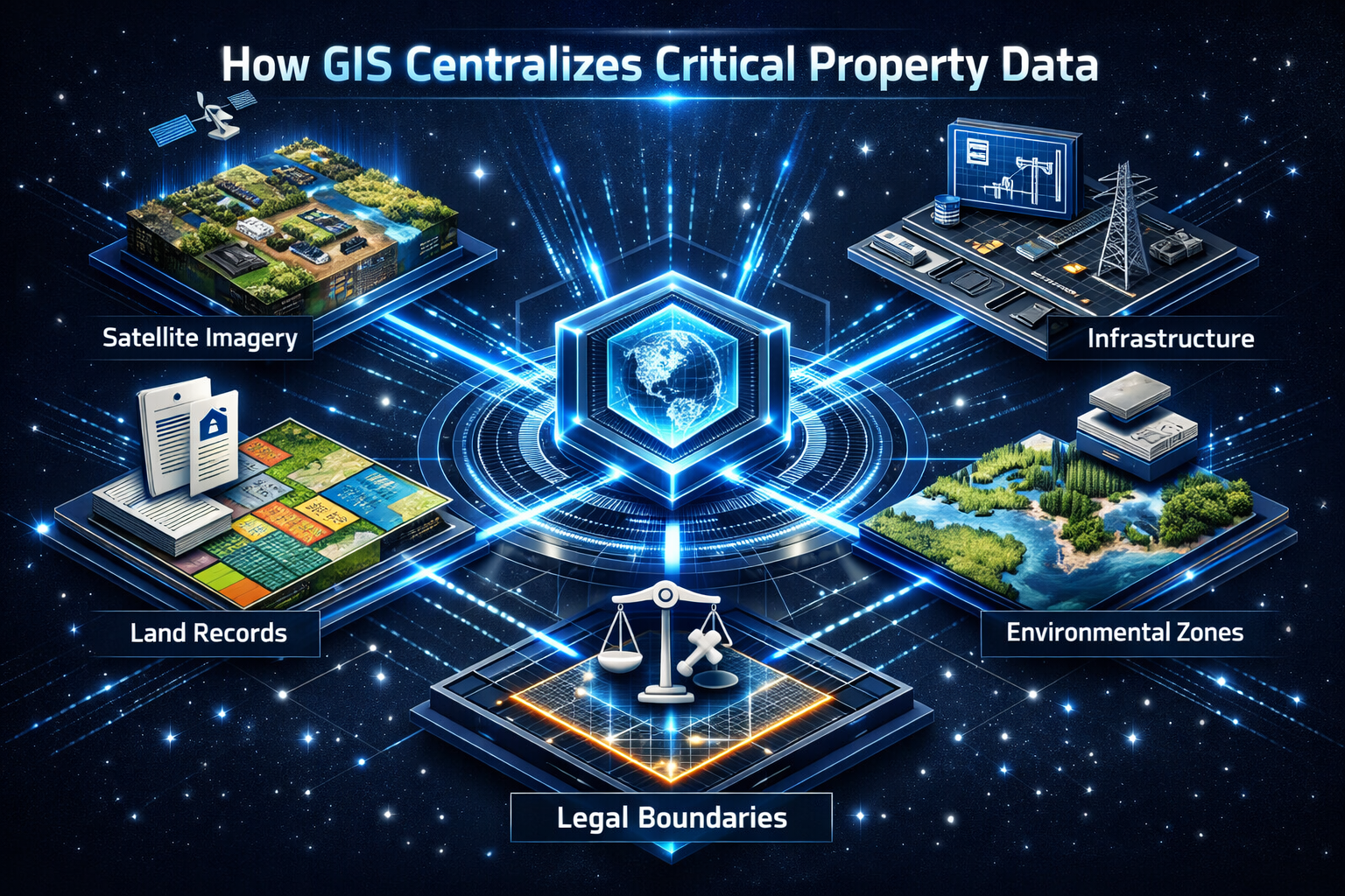 Dynamic visualization of 'How GIS Centralizes Critical Property Data' showcasing a centralized data hub with radiating information streams. 