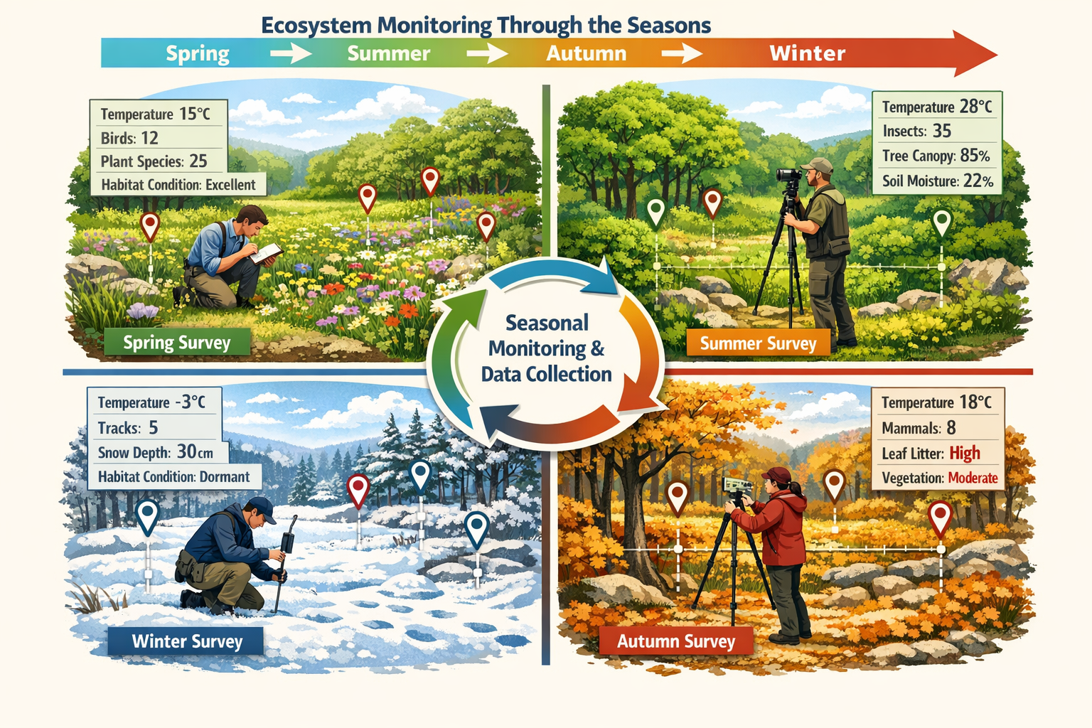 Detailed () illustration showing cross-sectional view of dynamic ecosystem baseline monitoring across four distinct seasons