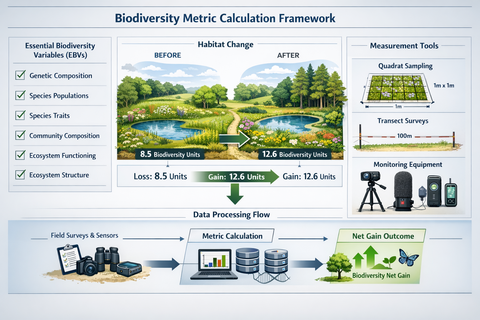 Detailed () technical diagram displaying biodiversity metric calculation framework with multiple measurement layers. Central