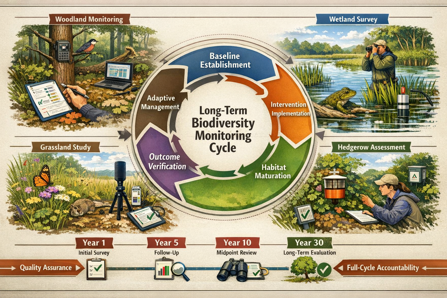 Detailed () conceptual illustration showing long-term biodiversity monitoring cycle spanning 30-year timeline. Circular