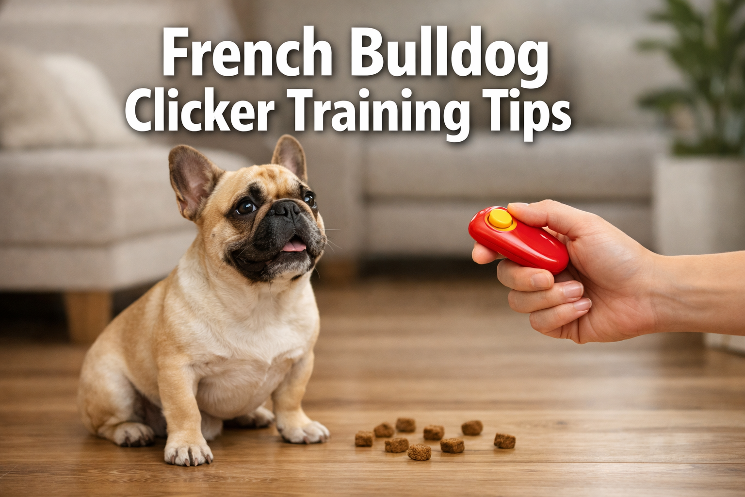 Professional landscape format (1536x1024) hero image featuring bold text overlay 'French Bulldog Clicker Training Tips' in extra large 72pt 