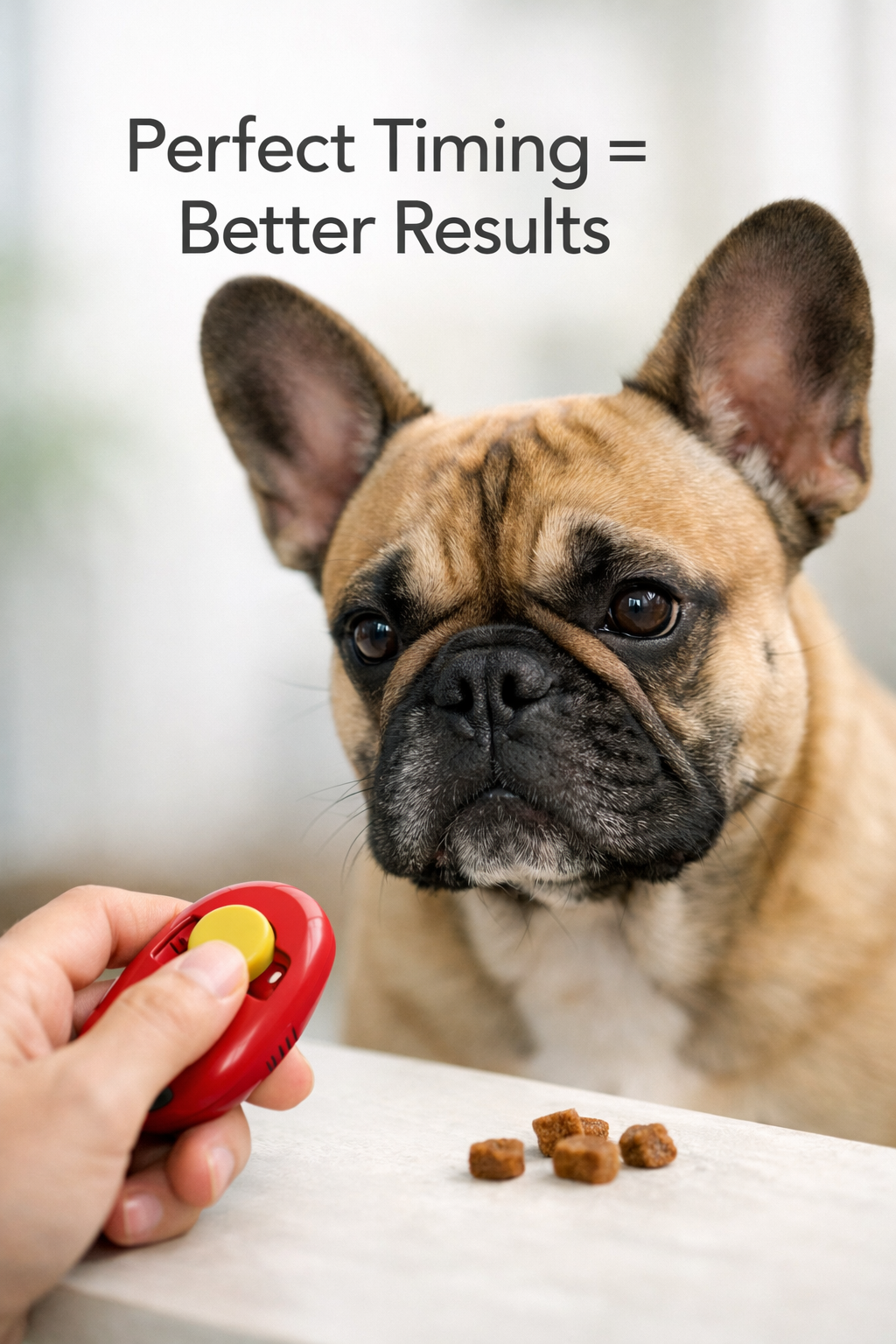 Portrait format (1024x1536) image showing close-up of French Bulldog's focused expression during clicker training session. Trainer's hand vi