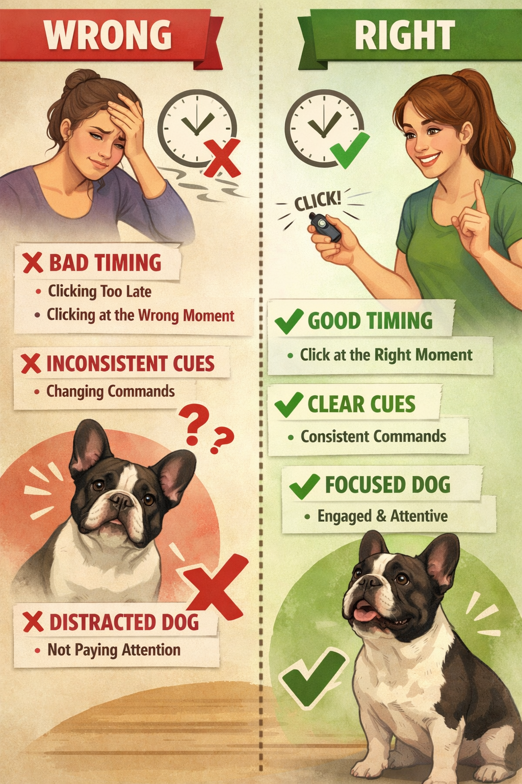 Portrait format (1024x1536) image depicting common French Bulldog clicker training challenges. Shows split scene: left side shows frustrated