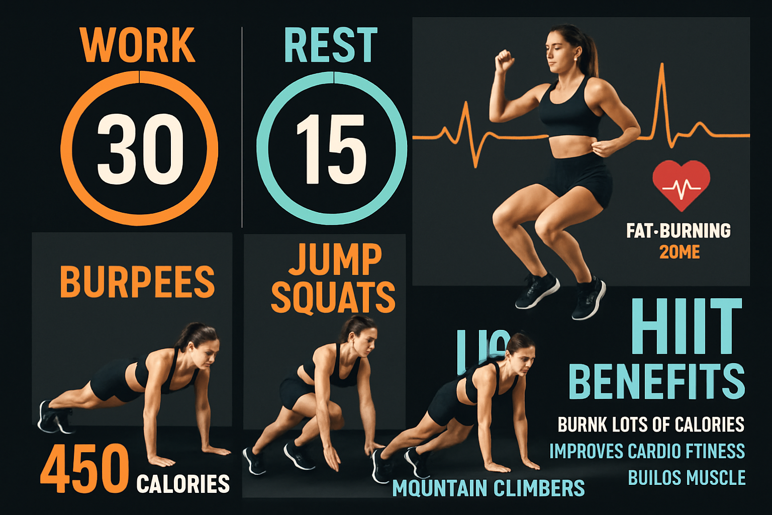High-intensity interval training visualization showing workout structure with timer graphics displaying 30-second work intervals and 15-seco