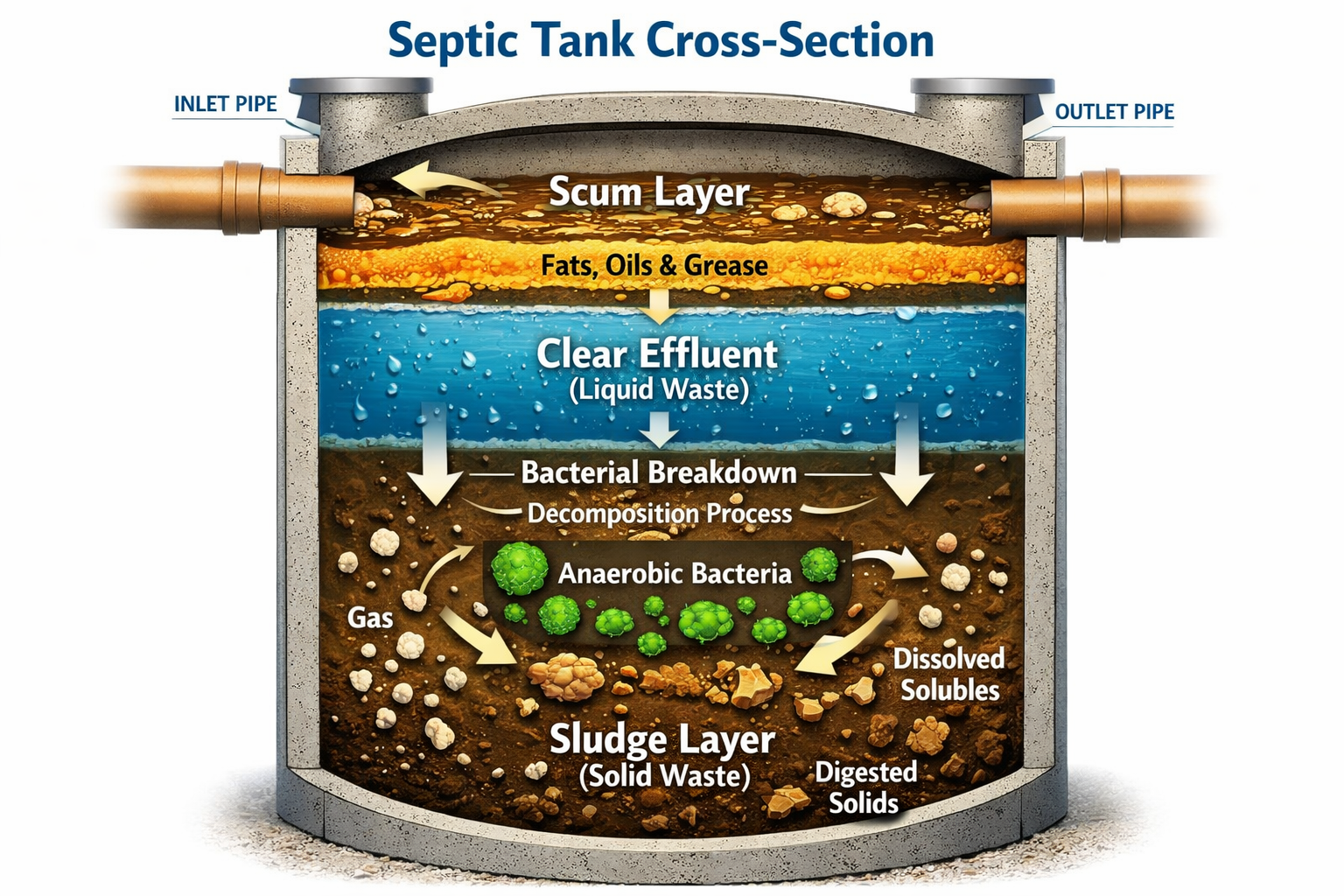 Portrait format (1024x1536) detailed cross-section diagram of septic tank showing three distinct layers - scum layer floating on top, clear 