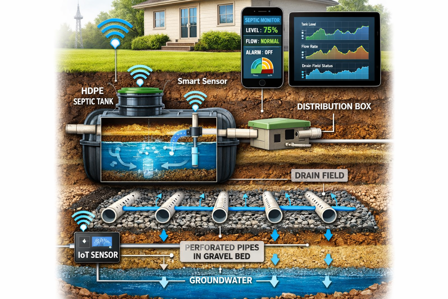 Portrait format (1024x1536) cutaway view of modern septic system components including high-density polyethylene tank, distribution box, perf