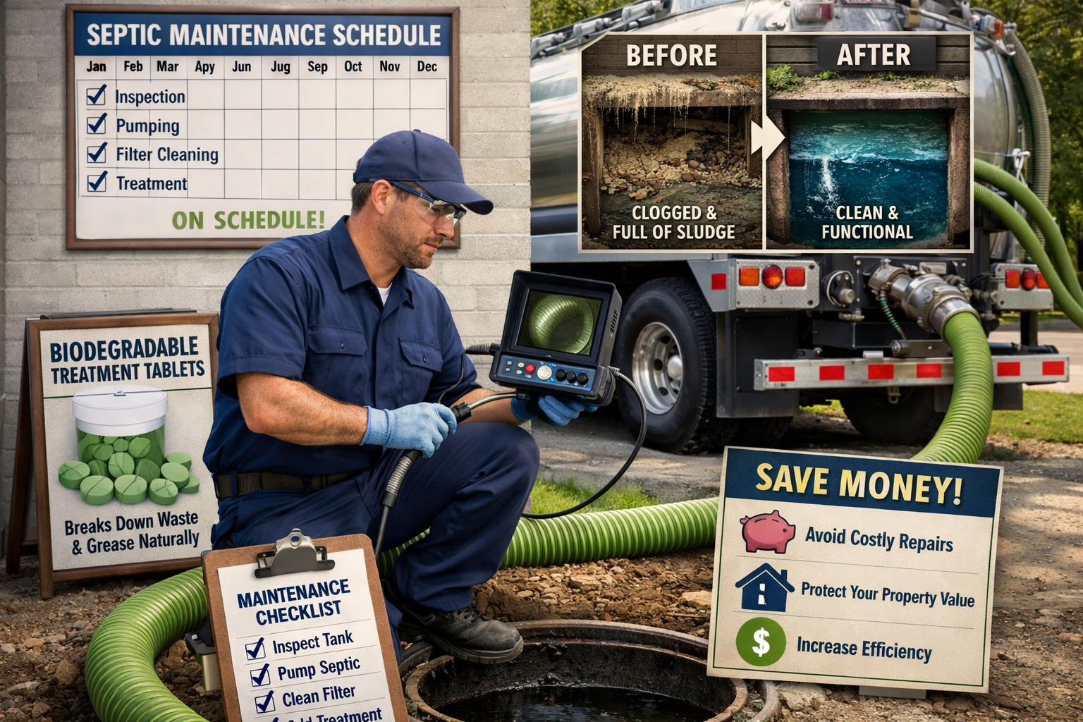 Portrait format (1024x1536) septic maintenance scene showing professional technician using fiber-optic camera equipment and pumping truck, w