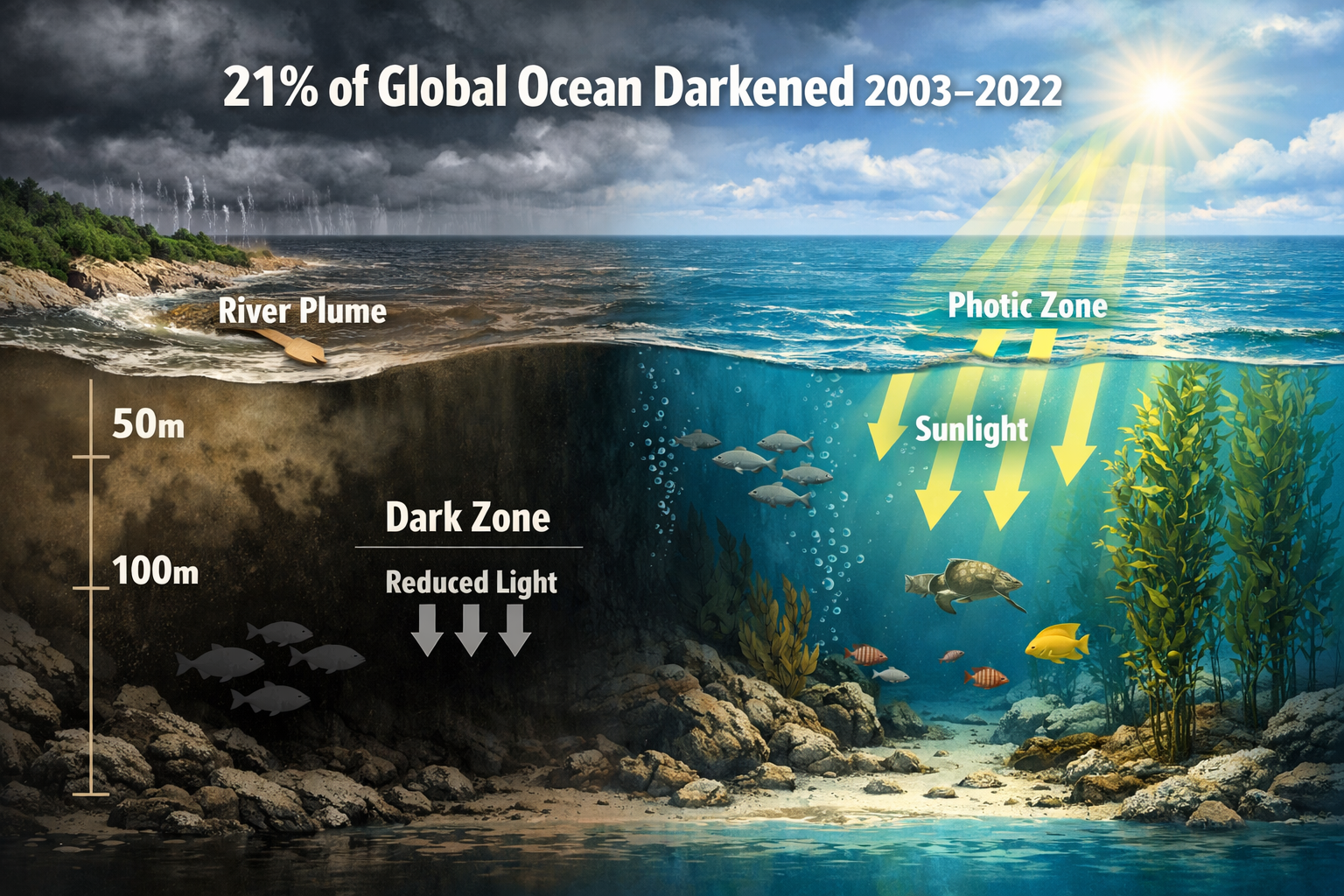 Detailed landscape format (1536x1024) illustration showing marine darkwave phenomenon with cross-section view of ocean layers. Left side dis