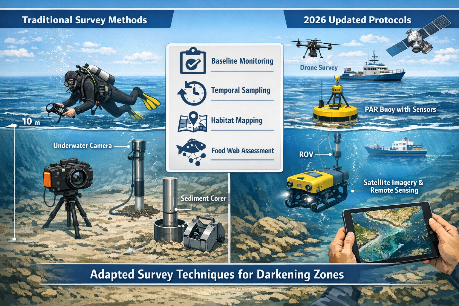 Detailed landscape format (1536x1024) technical diagram showing marine survey protocols with split-screen composition. Left panel displays t