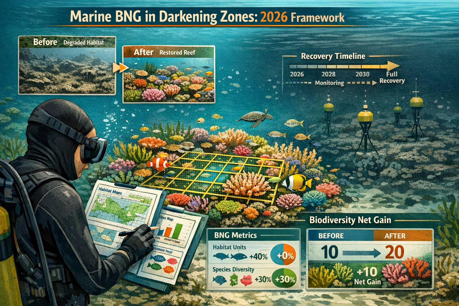 Detailed landscape format (1536x1024) conceptual illustration showing biodiversity net gain implementation in marine environment affected by