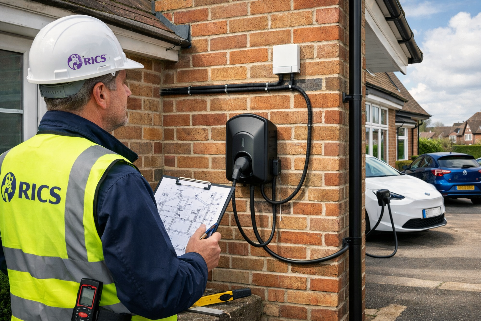 Wide-angle editorial illustration showing a RICS-accredited surveyor in hi-vis vest and hard hat examining a shared party