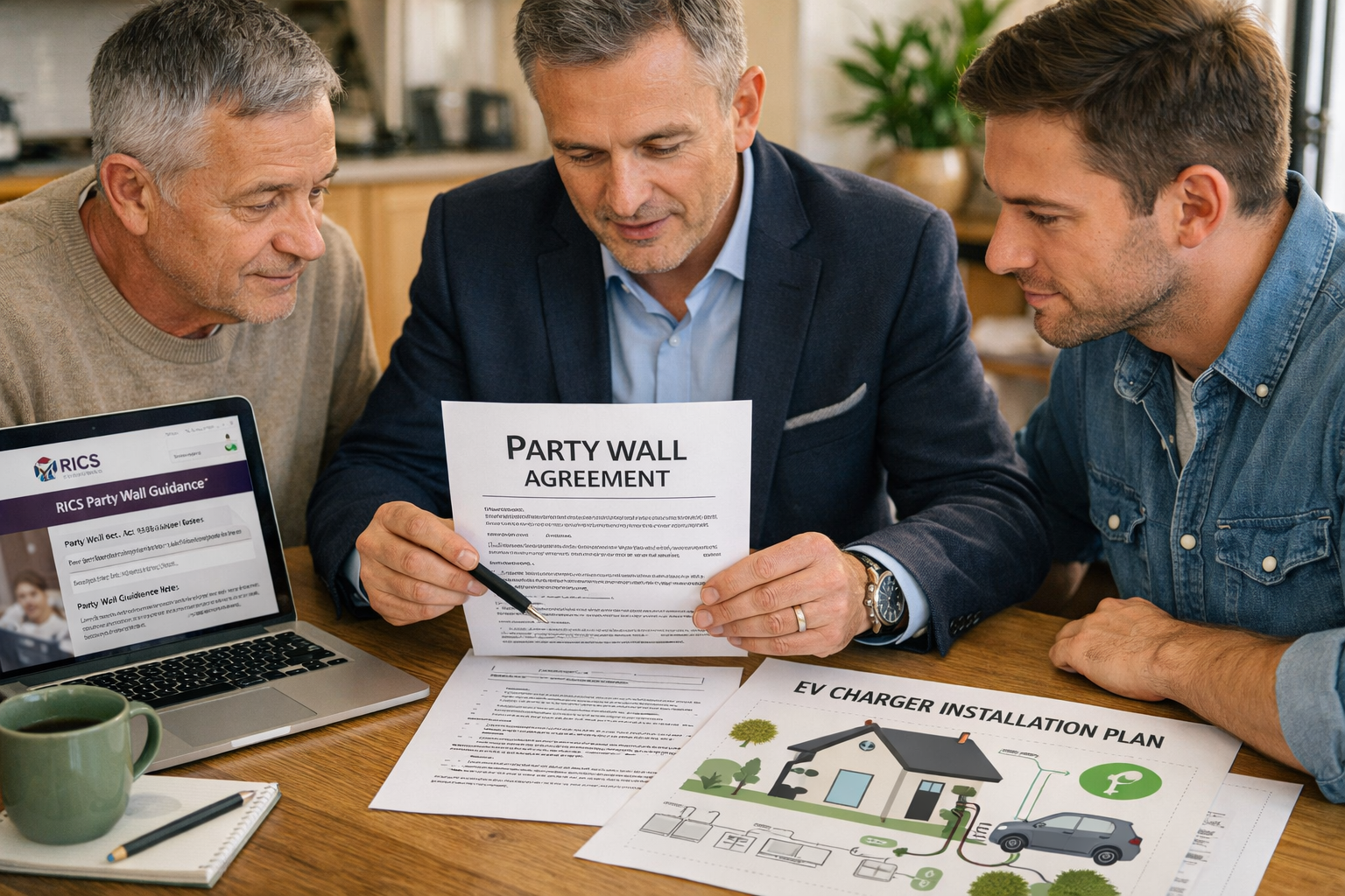 Close-up editorial photograph () of two neighbours and a professional party wall surveyor reviewing a formal Party Wall