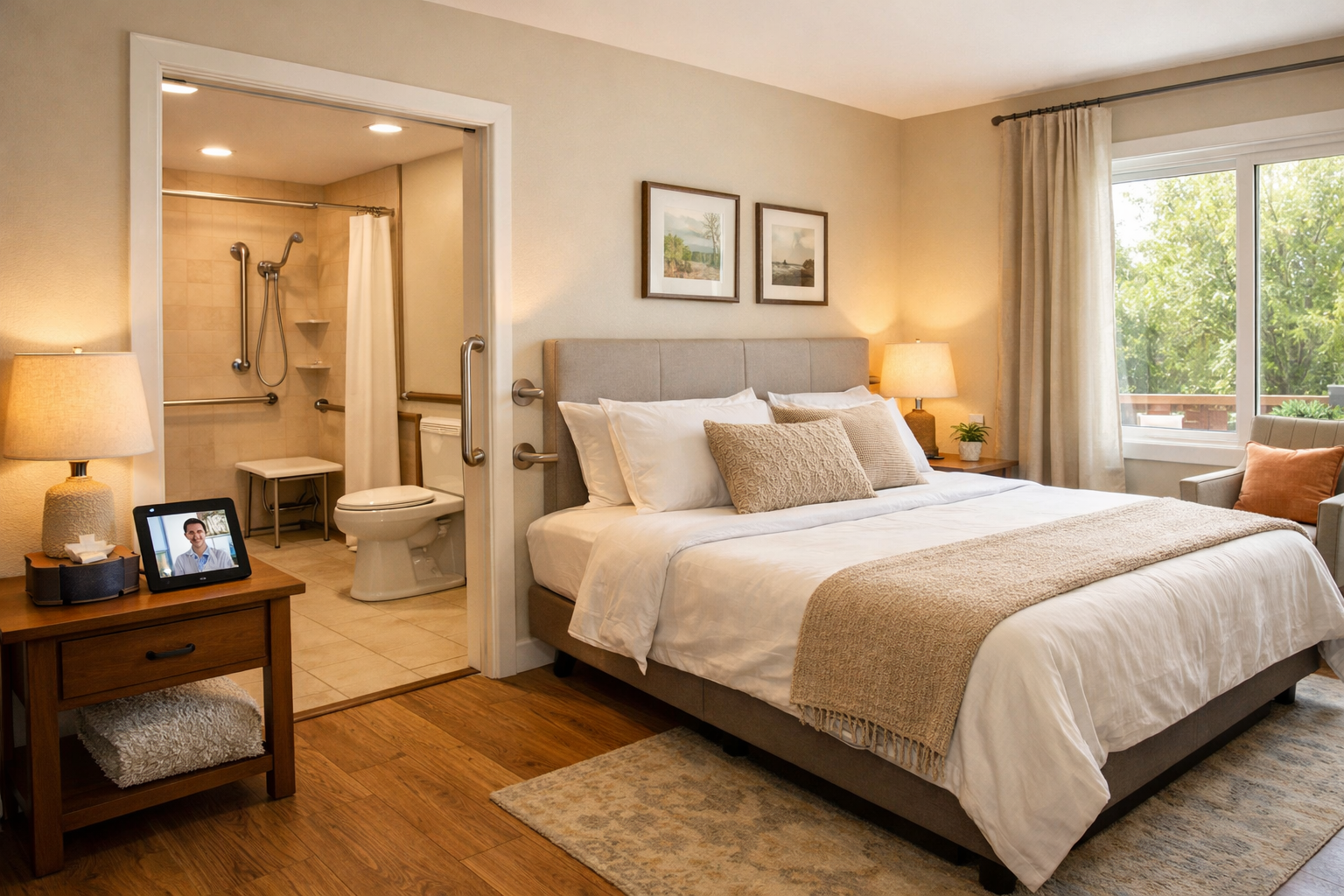 Detailed () image focusing on the interior of a private, accessible Airbnb. The scene shows a spacious bedroom with a