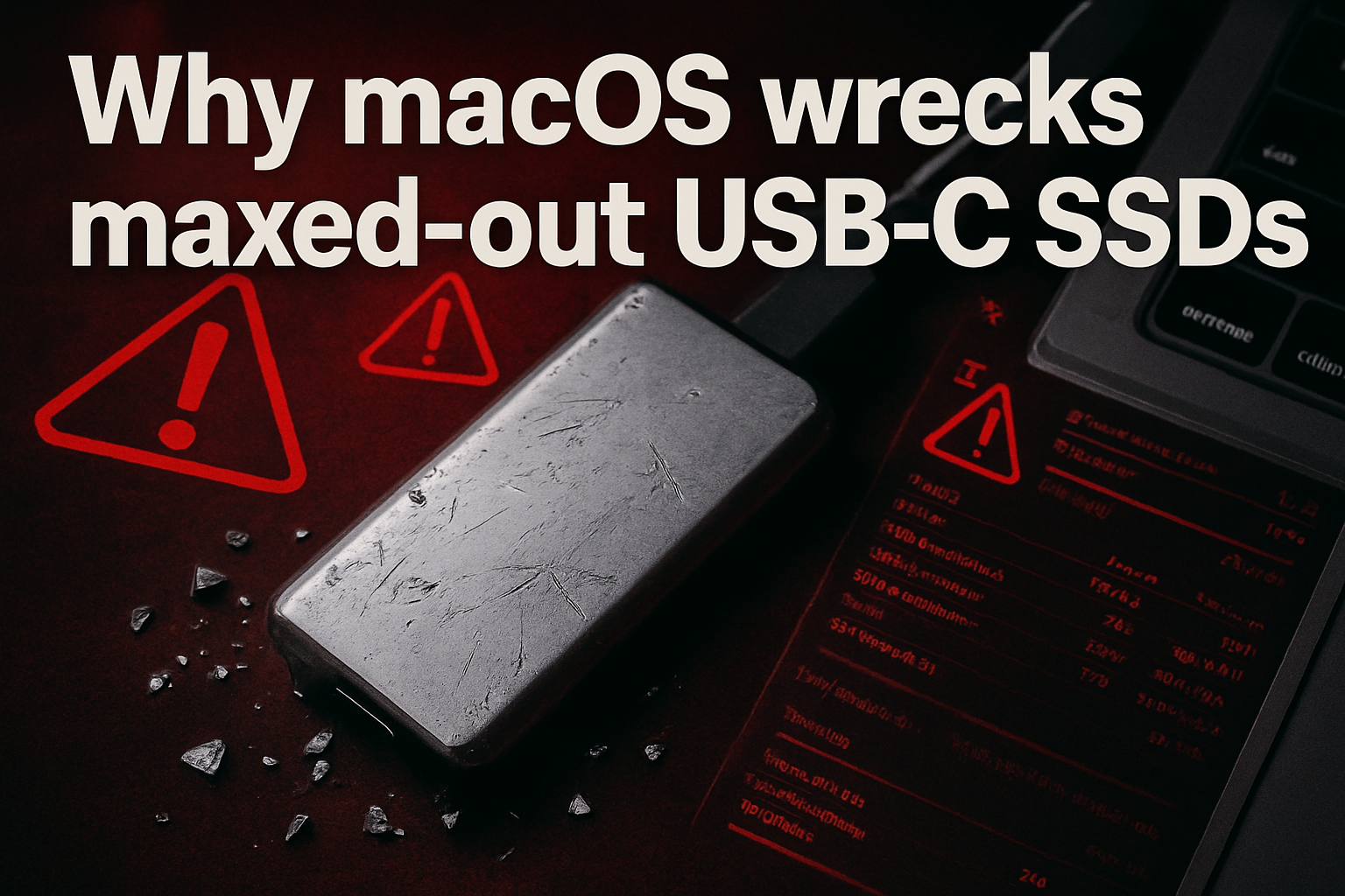 Professional landscape hero image (1536x1024) featuring bold text overlay 'Why macOS wrecks maxed-out USB-C SSDs' in extra large 72pt white...				<a href=