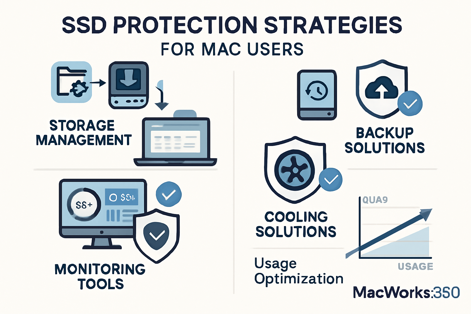 Infographic displaying SSD protection strategies for Mac users, featuring proper storage management workflow, backup solutions, monitoring t