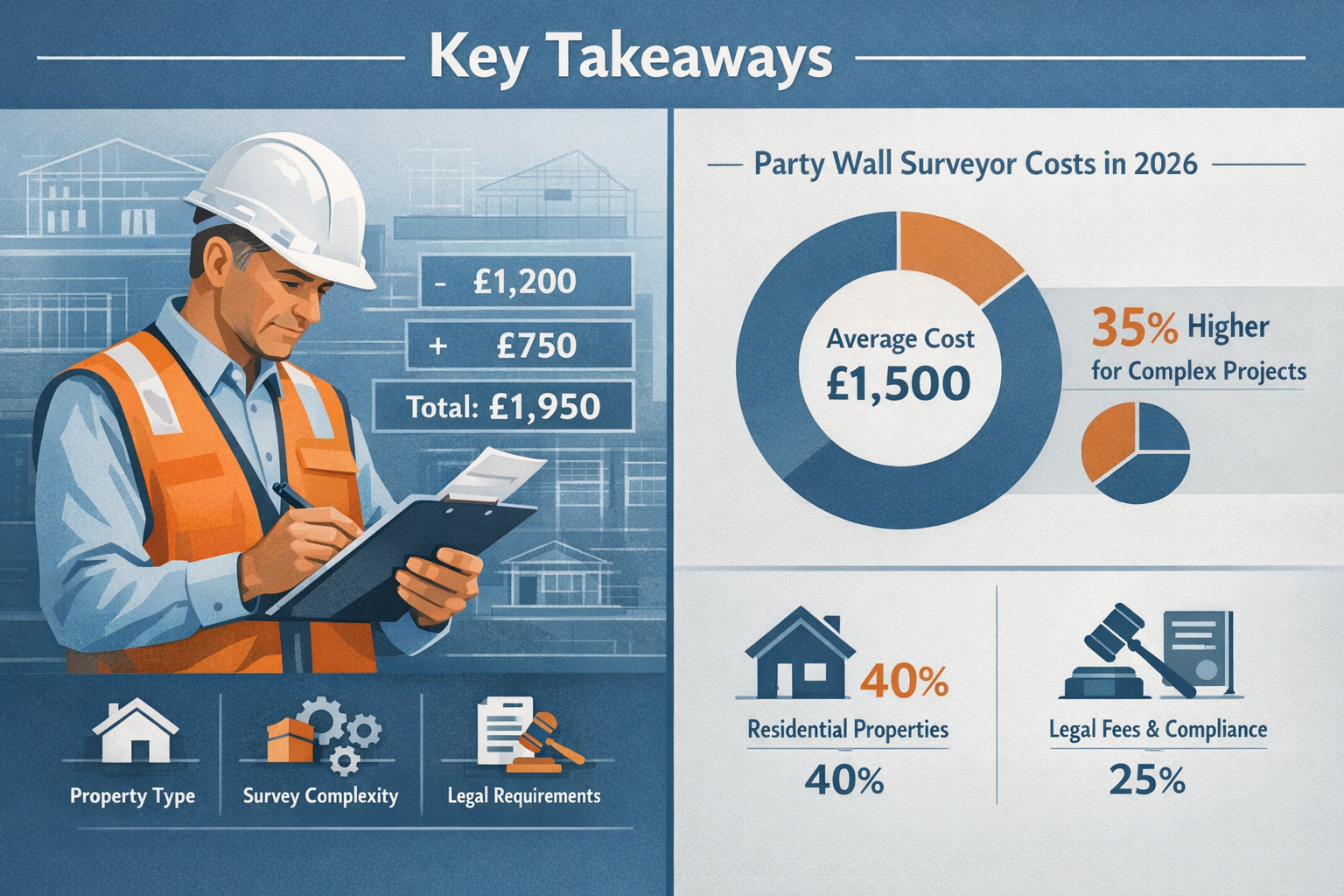 Key Takeaways section infographic with split-screen visual: Left side showing professional surveyor in hard hat and