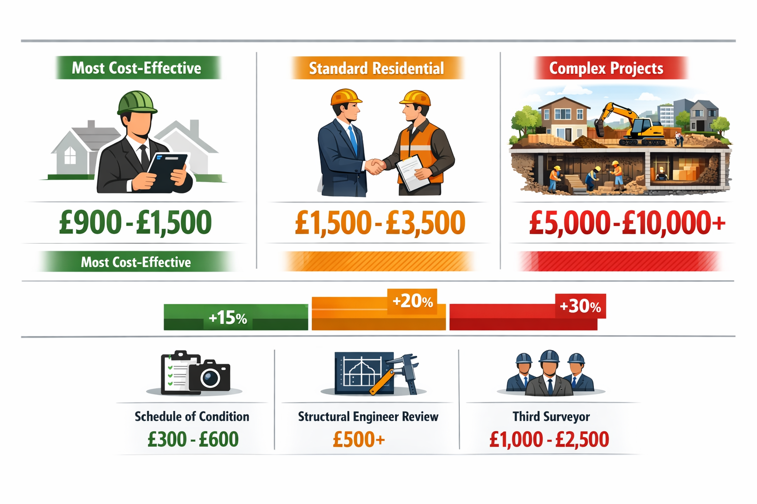 () comparative cost breakdown visualization showing three distinct surveyor appointment scenarios side by side. Left panel: