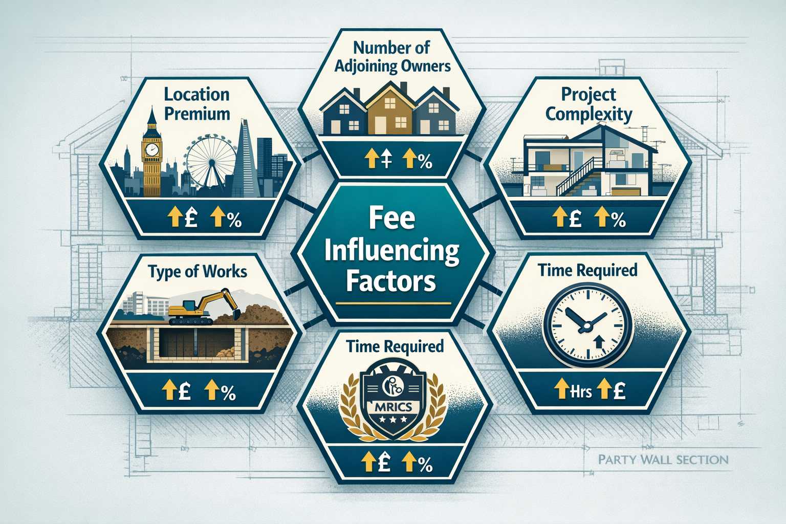 () detailed illustration showing key factors influencing party wall surveyor fees arranged as interconnected hexagonal