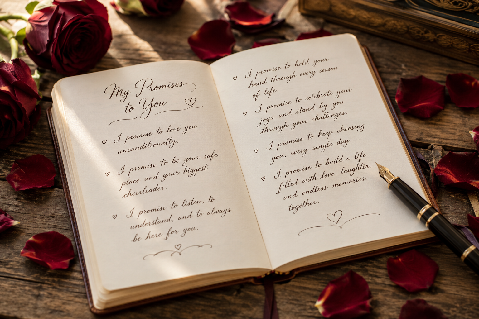 100+ Heart Touching Love Promise Quotes to Strengthen Your Relationship in 2026 2 Handwritten love promises in journal with roses
