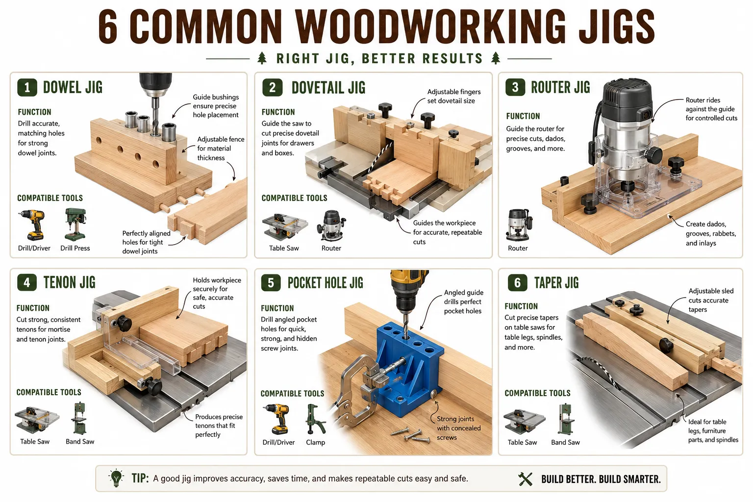 Infographic diagram showing 6 common woodworking jig types (dowel, dovetail, router, tenon, pocket hole, taper jig) with