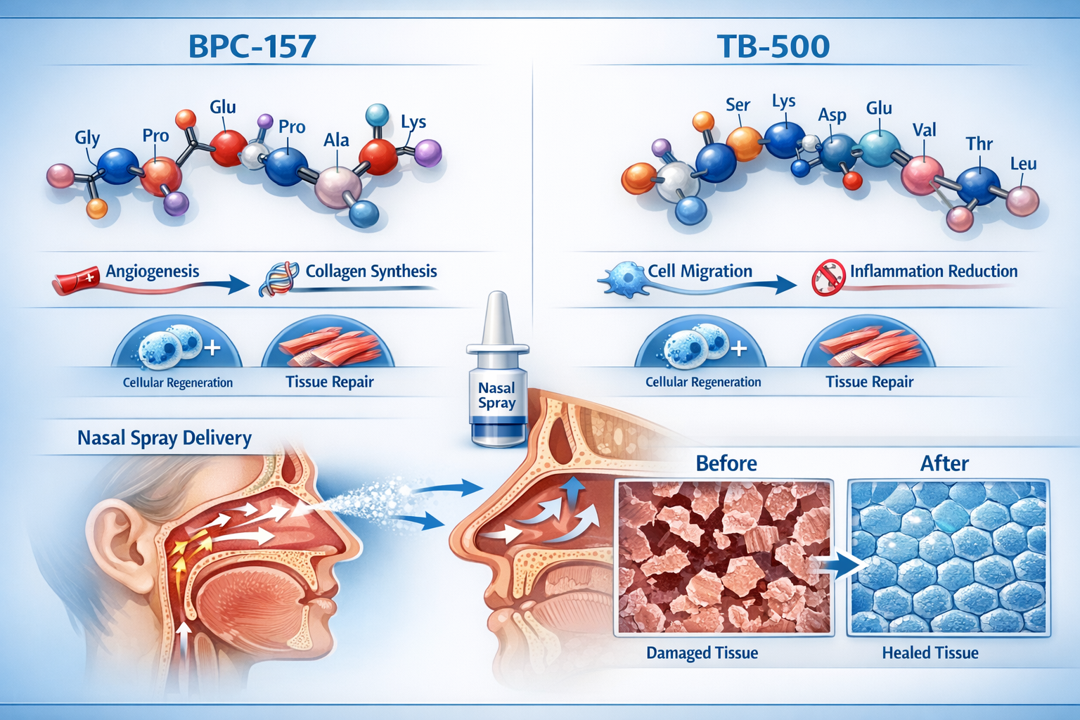 Detailed scientific illustration showing BPC-157 and TB-500 peptide molecular structures side by side in 3D rendering, with labeled amino ac