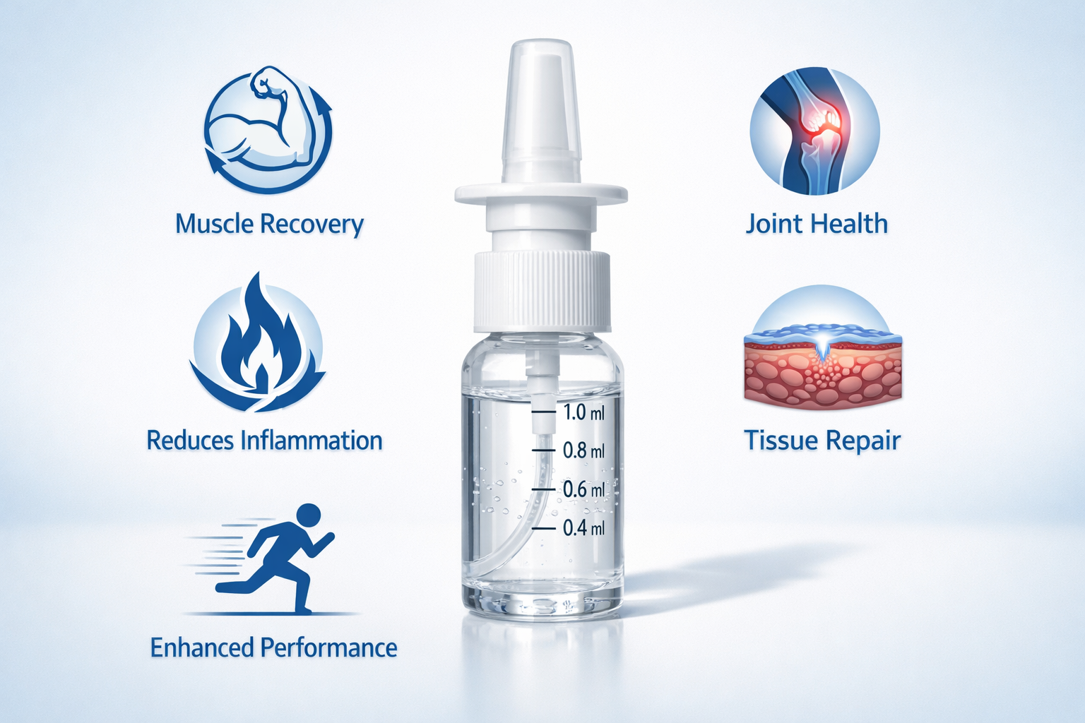 High-quality product photography showing elegant nasal spray bottle with clear liquid, measuring dosage markers visible, surrounded by benef