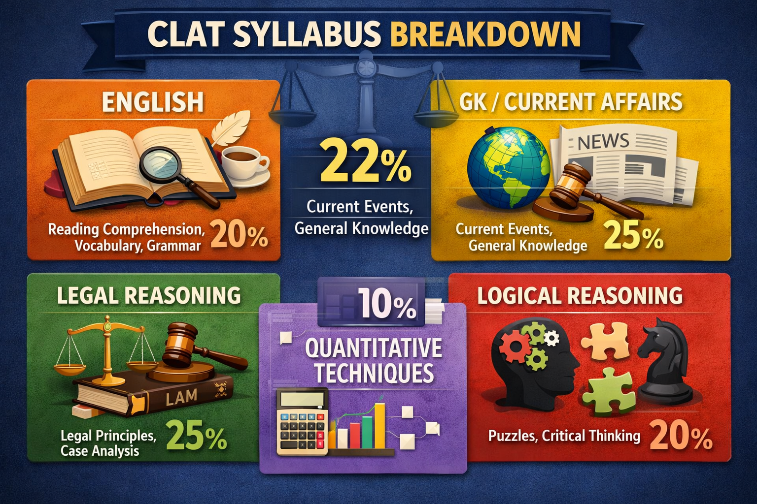 Visual breakdown of CLAT syllabus sections with percentage weightage - English, GK/Current Affairs, Legal Reasoning, Logical Reasoning, and 