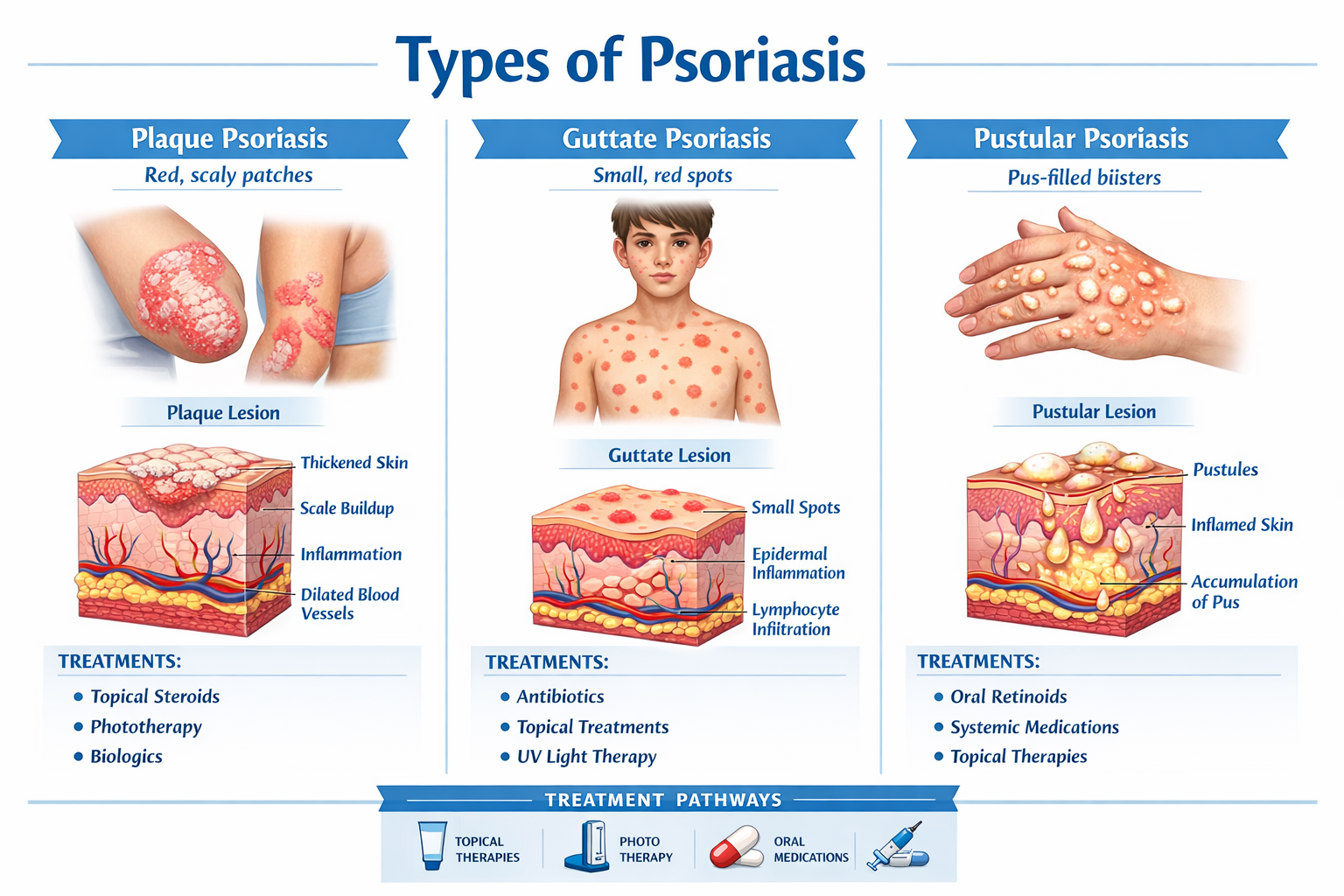 Detailed landscape format (1536x1024) medical infographic showing different types of psoriasis conditions - plaque psoriasis, guttate psoria