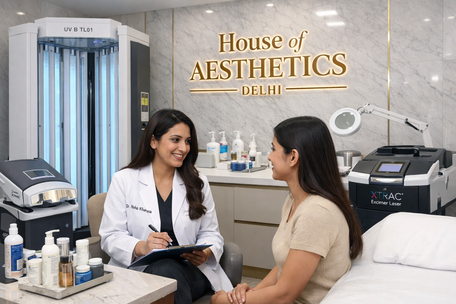 Professional landscape format (1536x1024) image of modern dermatology treatment room at House of Aesthetics clinic showing advanced psoriasi