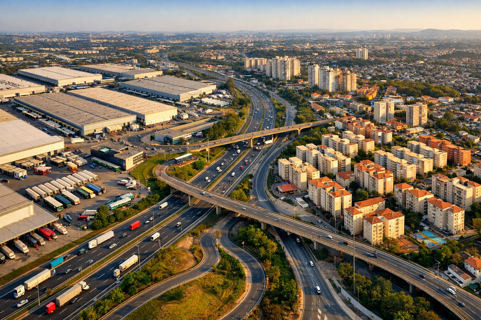 Wide-angle aerial photograph () showing the ABC Region industrial corridor south of São Paulo, Brazil — rows of large