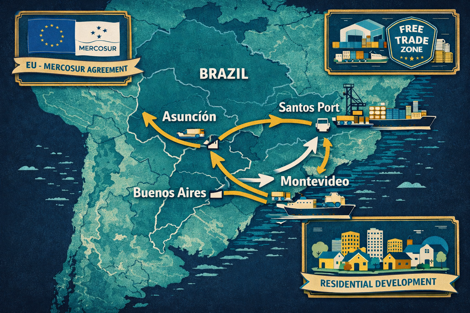 Infographic-style editorial illustration () depicting a Mercosur regional trade map overlaid on a South American geography