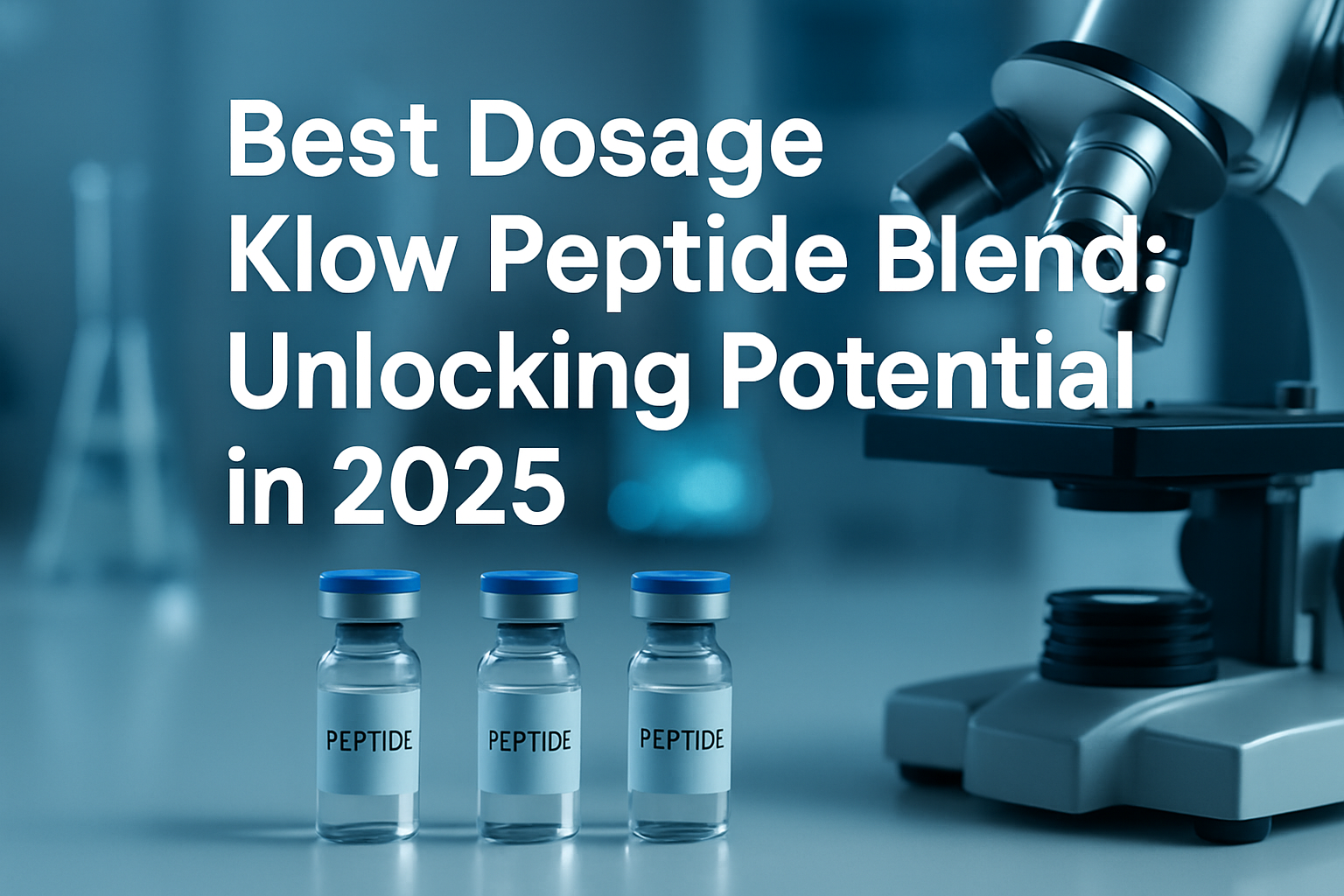 Professional landscape hero image (1536x1024) with bold text overlay: 'Best Dosage Klow Peptide Blend: Unlocking Potential in 2025', modern 