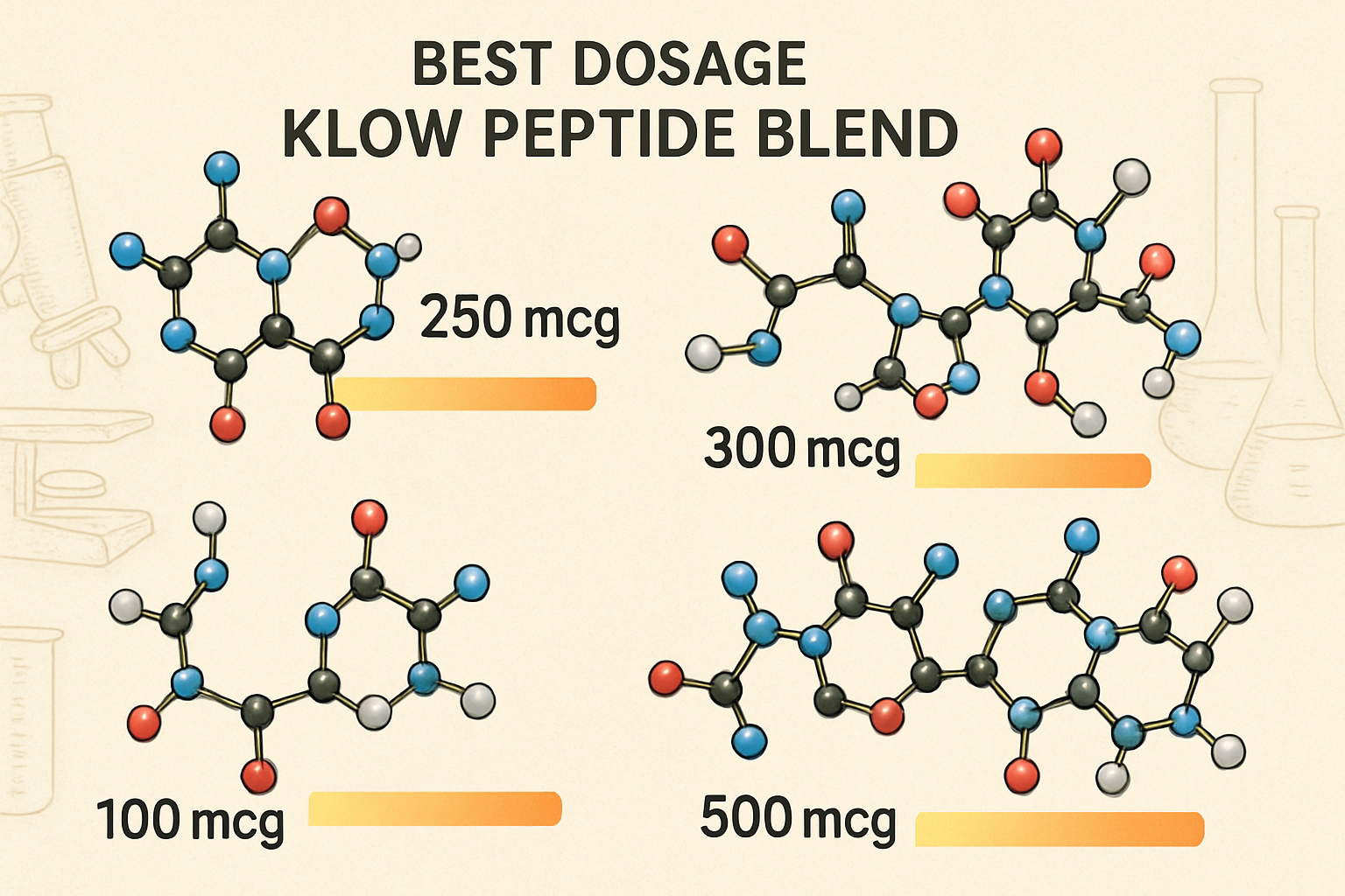Scientific illustration depicting the molecular structure of various peptides found in the Klow blend, overlaid with numerical dosages and c