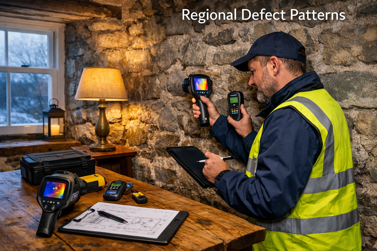 Detailed () image showing professional surveyor conducting detailed property inspection inside traditional Scottish stone