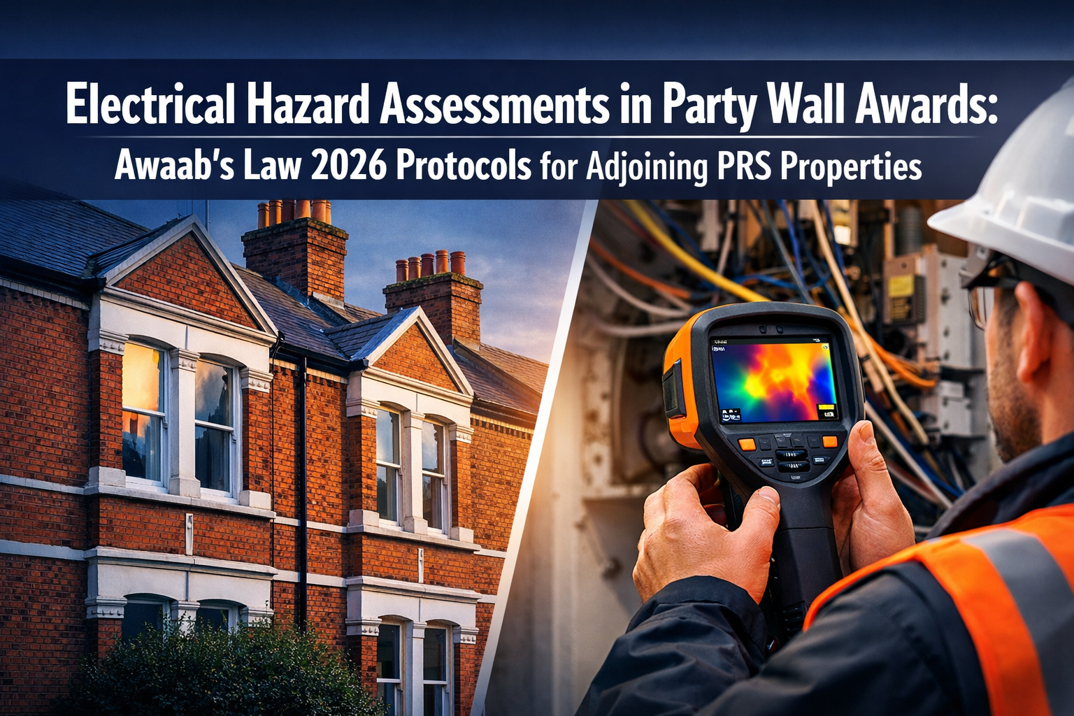 Professional () hero image featuring 'Electrical Hazard Assessments in Party Wall Awards: Awaab's Law 2026 Protocols for