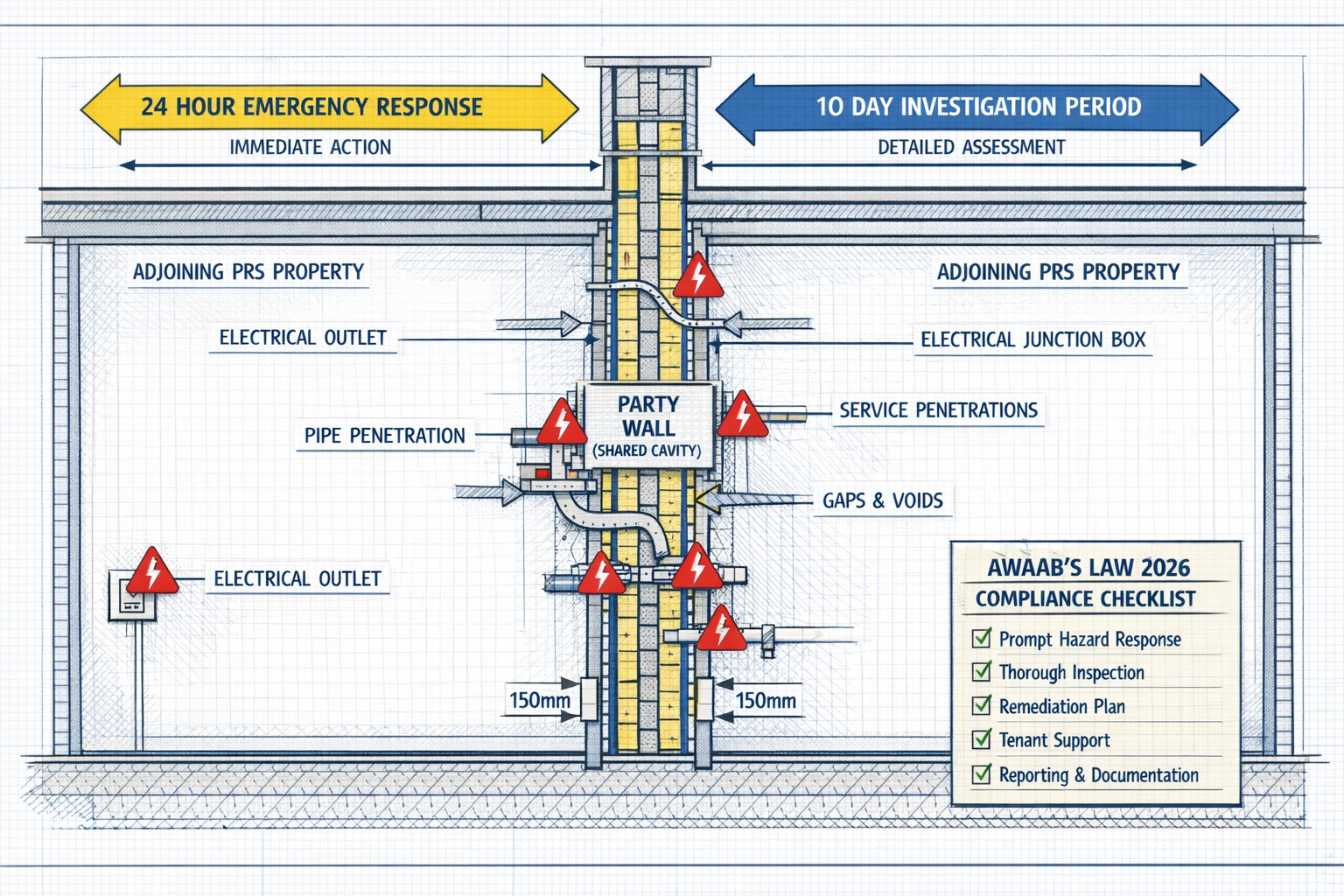 () detailed infographic showing party wall cross-section diagram with adjoining PRS properties on either side, electrical